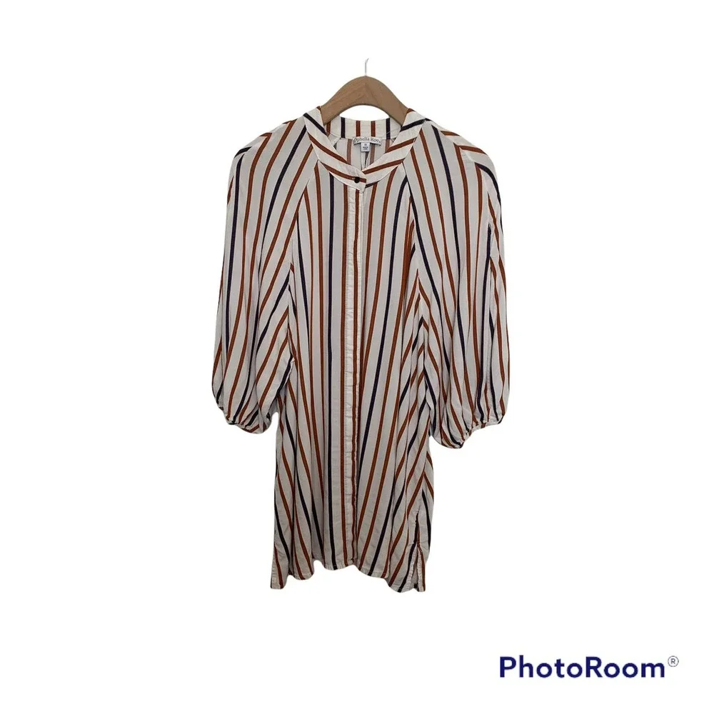 Ophelia Roe Button-front Top Size 1X Striped Baloon Sleeve Shirt Brown Navy